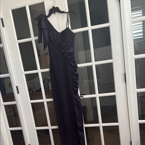 Faviana Blue One Shoulder bow Ruffled Gown - Picture 2 of 4